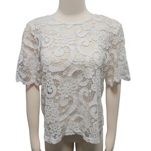 Nanette Lepore Lace Top White Floral Blouse Bow Back Romantic Coquette Chic M